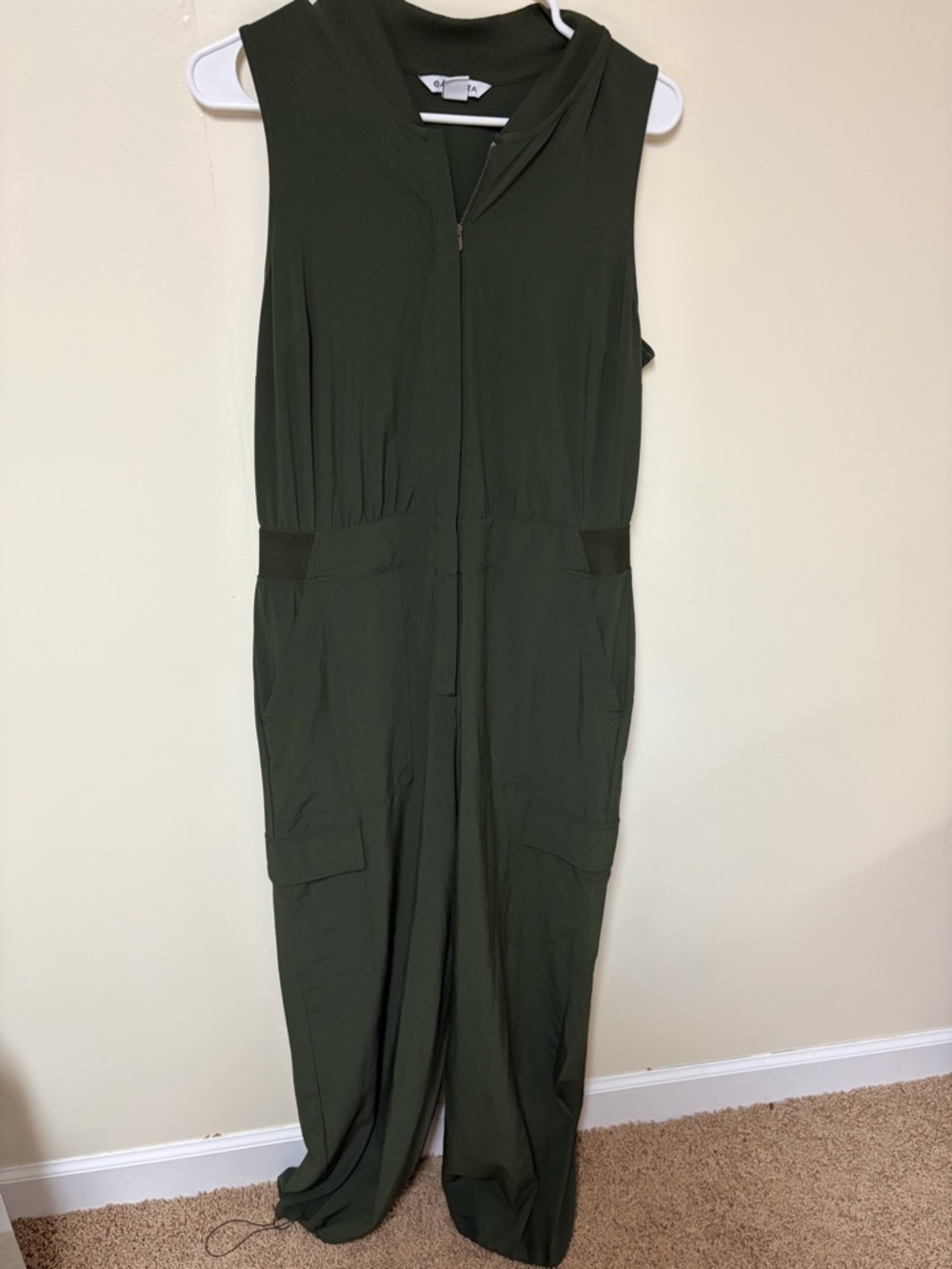 Athleta Dark Olive Sleeveless Utility Jumpsuit with Front Zip